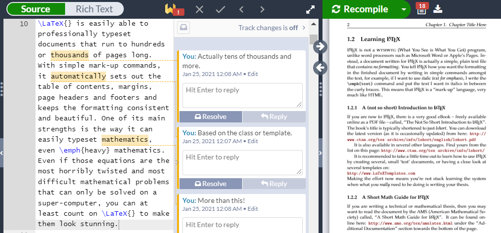 Reviewing and commenting with Overleaf